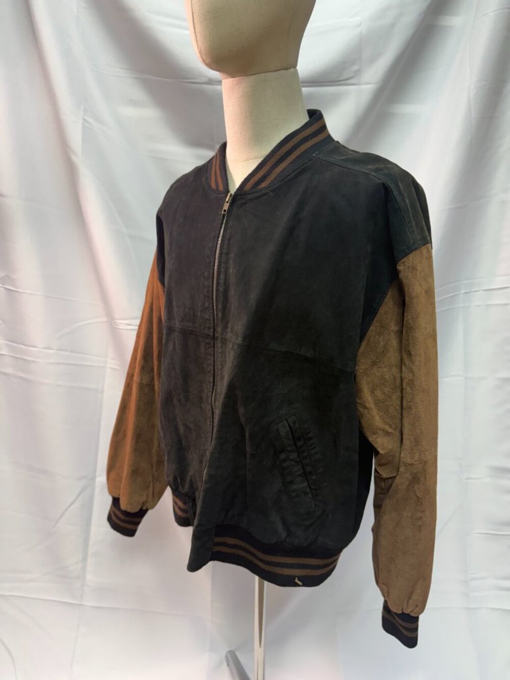 Vintage Free Country Men’s 2XL Leather Suede Bomber Jacket Black Brown 90s